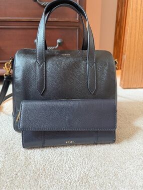 Fossil Black Leather Satchel and Wallet Set